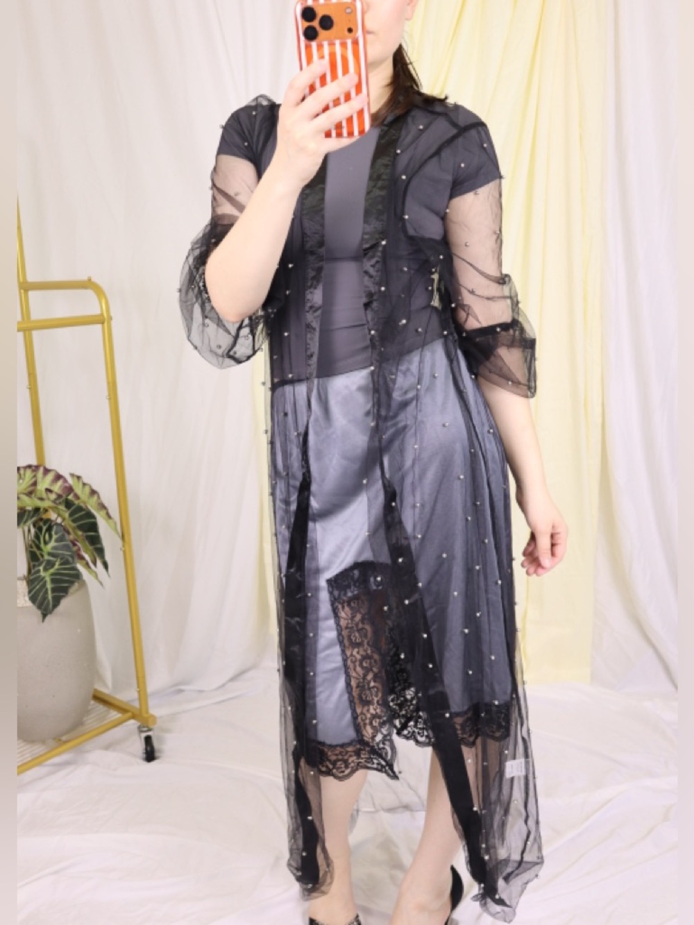 Black Sheer Beaded Kimono with Lace Trim